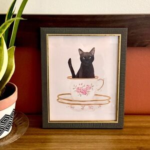 Black Cat in a Floral Teacup Quirky Animal Art Canvas Art Print Framed Wall Art